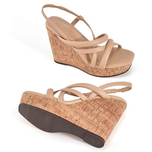 Image of Coutgo Women Platform Wedge Sandals Cork Slingback Wedges Espadrilles Heels Summer Shoes