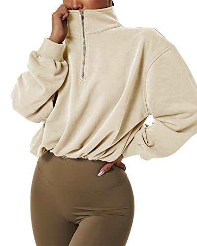 Qinsen Women's Half Zip Crop Sweatshirt High Neck Long Sleeve Pullover Athletic Cropped Tops Apricot M #TOP6
