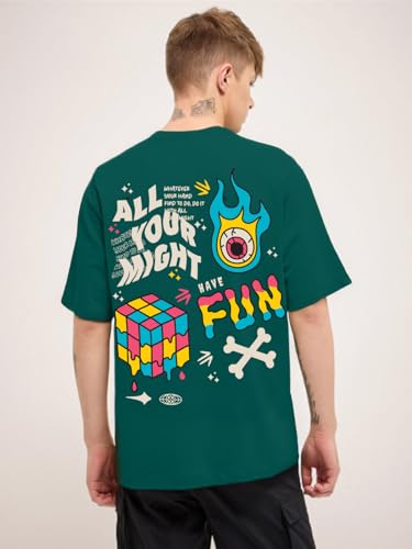 Image of Veirdo Cotton Drop Shoulder Round Neck Oversized Baggy Fit Front & Back Graphic Printed Half Sleeve T-Shirt Men (Available in from S to 2XL)
