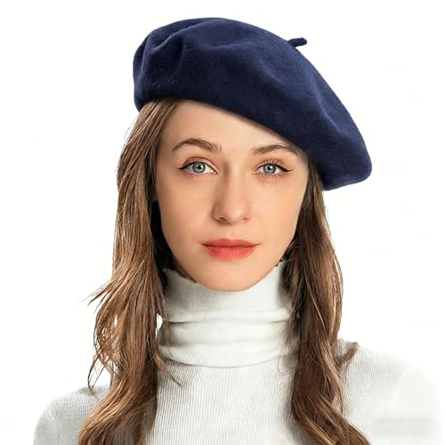 ZLYC Wool Beret Hat Classic Solid Color French Beret for Women (Navy Blue)