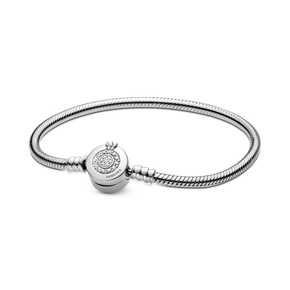 PANDORA Signature Pulsera de cadena de serpiente con cierre con diseño de corona centelleante en O de plata de ley con circonitas cúbicas transparentes