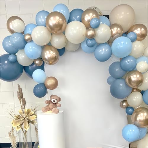 Image of Dusty Blue Balloon Set, 60Pcs 12 Inch Slate Muted Baby Blue Fog Pastel Light Blue White Sand Balloon with Metallic Confetti Champagne Gold Balloons for Boy Birthday Party Baby Bridal Shower Decortaion
