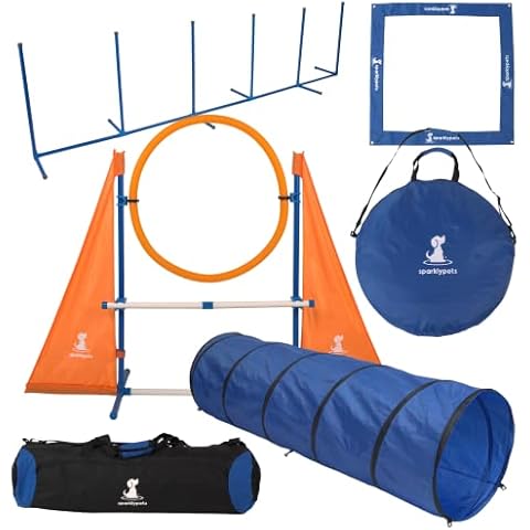 SparklyPets Dog Agility Training Equipment Set for Indoor & Outdoor – Complete Dog Agility Equipment for Dogs – Dog Agility Course with Weave Poles, Pause Box, Tunnel, Tire & Hurdle Jump (Essential) Cover
