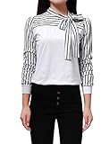 Allegra K Pullover Self Tie-Bow Neck Long Sleeve White Top Shirt for Lady XL