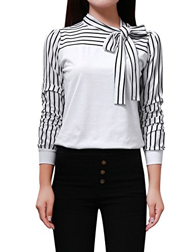 Allegra K Women's Tie-Bow Neck Striped Blouse Long Sleeve Shirt Office Work Shirt Tops White XL (US 18)