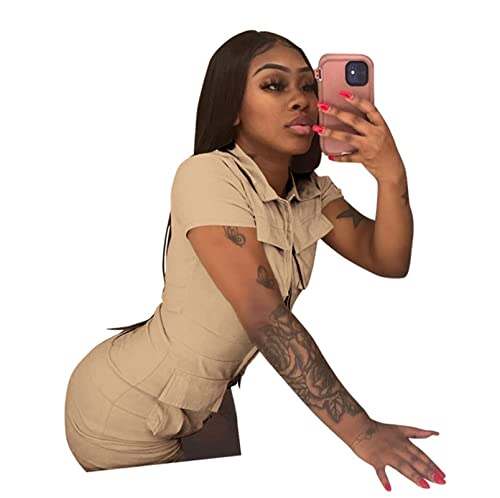 Halfword Womens Sexy Bodycon Romper Zip Up Solid Color Short Pants One Piece Jumpsuits Clubwear With Multiple Pockets #TOP3