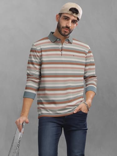 Image of BULLMER Striped Textured Printed Polo Neck Fullsleeve T-Shirt with Rib for Men