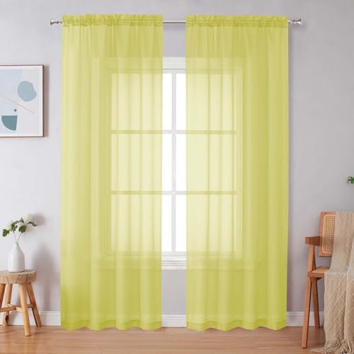 Image of Simplebrand Lemon Sheer Curtains 84 Inches Long, Light Filtering Rod Pocket Solid Color Window Sheer Curtain Panels, Elegant Curtains & Drapes for Living Room, Bedroom 2 Panels (Lemon, 42 inch W x 84 inch L)