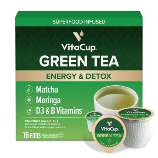 VitaCup Green Tea Pods, Enhance Energy & Detox with Matcha, Moringa, B Vitamins, D3, Keto, Paleo, Vegan, Recyclable Single Serve Pod, Compatible with Keurig K-Cup Brewers,16 Ct
