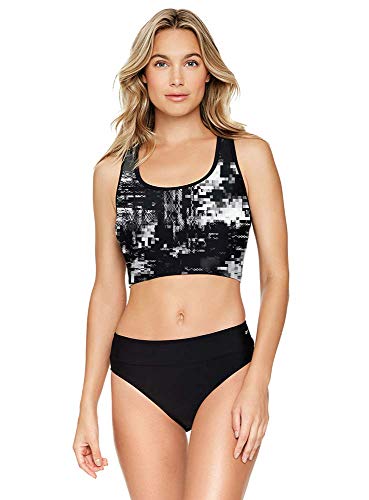 Reebok Women s Swimwear Maximum Mayhem Crop Top Scoop Neck Tankini Swim Separate, Black White, M
