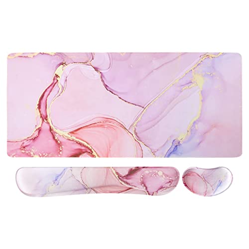 Mouse mat Set,iCasso desk mat 900 x 400mm,Stitched Edges Gaming Mouse Pad & mouse mat wrist support&Keyboard Wrist Rest,Waterproof Surface Desk Pad with Non-slip Rubber Base (Pink Marble)