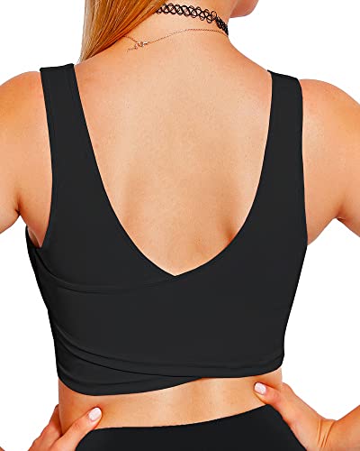 ANAFETTIE Longline Sports Bras for Women Low Impact Wirefree Padded Yoga Bra Tank Tops V-Neck & Cross Back Athletic Workout Bra Tops Black M