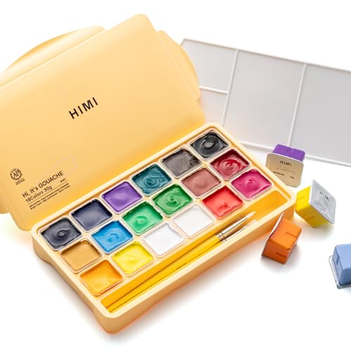 HIMI Gouache Paints Set, 18 Colors, 30g, jelly gouache paint set, Non Toxic Paint for Canvas and Paper, Art Supplies for Professionals, and More (Yellow Case)