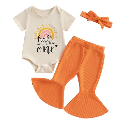 Newborn Half Way To One Baby Girl Outfit Short Sleeve Romper T Shirt Ribbed Knit Flare Pants Headband Set 3Pcs Summer