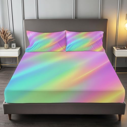 Fitted Sheet Twin Size Bedding Set for Kids Girls Women Men Room Decor, Soft Microfiber & Deep Pocket & Wrinkle Free Simple Rainbow Gradient Bedding Sheets, Colorful