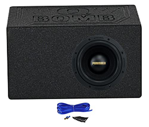 Image of Rockville Punisher 8D2 Bundle: 8 in 3000-Watt Peak/750-Watt RMS Competition Car Audio Subwoofer, RQB8 Single 8in Side Ported Sub Box Enclosure with Bed Liner, Sub Box Install Kit, 3-Items