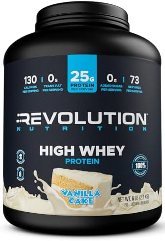 Revolution Nutrition, High Whey, Protein Powder 6LB, Whey Isolate, Gluten Free, Lean Muscle Mass for Men & Women, 25g of Protein Per Scoop, 2.7kg, 73 Servings (Vanilla Cake, 6 Pound)