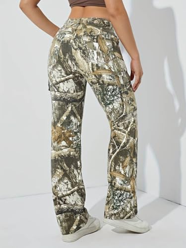Women\'s Camo Print Cargo Jeans High Waist Wide Leg Denim Army Pants - Thumbnail 4
