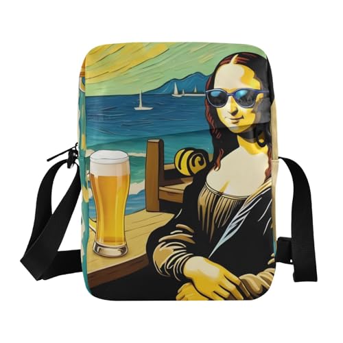 Crossbody Sling Bag for Women Men, Zipper Closure Messenger Bags Mona Lisa at Beach Print with Card Phone Passport Compartment 6.6×9.4×2.5 IN