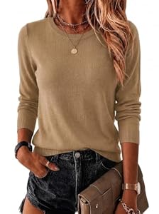 Saodimallsu Damen Leichter Pullover Basic Rundhals Strickpullover Khaki S