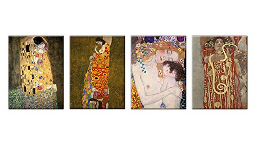 LuxHomeDecor Quadri Gustav Klimt Il Bacio Medicina Hope Le Tre età di Una Donna 4 Pezzi 40x30 cm Stampa su Tela con Telaio in Legno Arte arredo