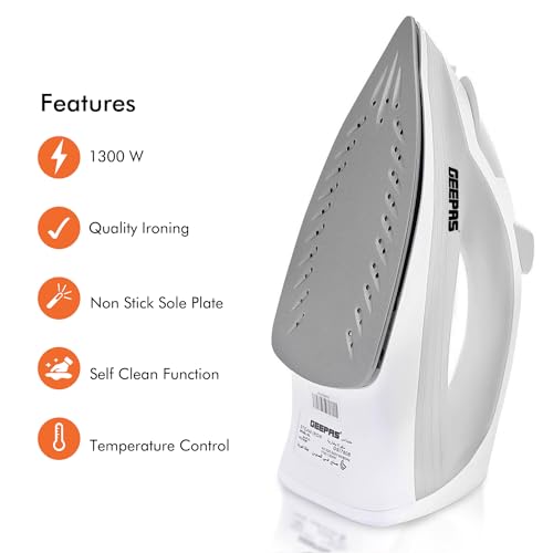 GEEPAS Steam Iron | Clothes Dry & Steam Press | 40s Fast Heat-Up, Vertical Steaming | Nonstick Soleplate & Adjustable Temperature for Ironed Clothes | 210ml Water Tank | 2 Year Warranty 1300W White