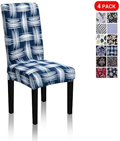 Stretch Jacquard Print Removable Washable Short Dining Chair Covers Seat Slipcover Furniture Protector for Hotel, Dining Room, Kitchen, Banquet Wedding Party (4 Per Set, Lattice in Dark Blue Ssty)