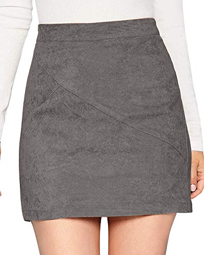 Image of MANGOPOP Women's Basic Faux Suede High Waist A-line Mini Pencil Bodycon Skirt (A03 Grey, XX-Large)