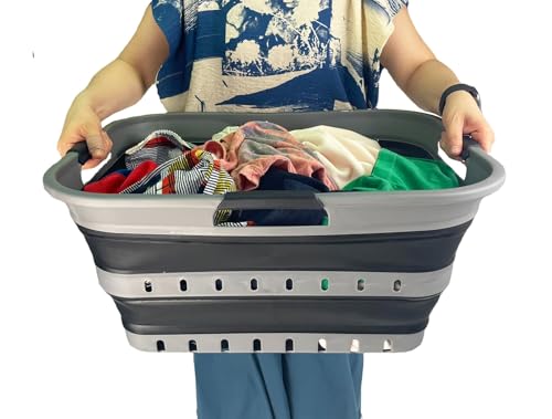 Image of SAMMART 42 (11 Gallons) Collapsible Plastic Laundry Basket, Foldable Pop Up Storage Container /Organizer, Space Saving Hamper, Portable Bin for Dorm Room Bathroom (1, Grey /Black)