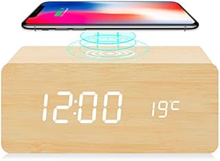 fomobest Wooden Alarm Clock with Wireless Charging for iPhone Samsung, Wood Digital LED