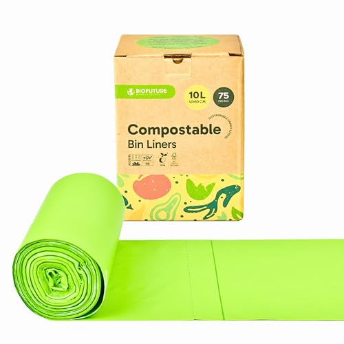 Biofuture 10L Compostable Bin Liners | Biodegradable Bin Bags & Food Waste Bags | Caddy Liners for Recycling & Kerbside | EN13432 Certified Green Bin Bags (75 Liners, 10L)