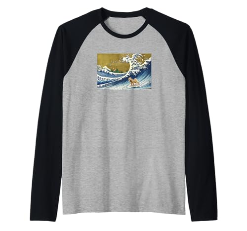 Funny Retro Vintage Surfing A Great Wave Shar Pei Dog Lover Camiseta Manga Raglan