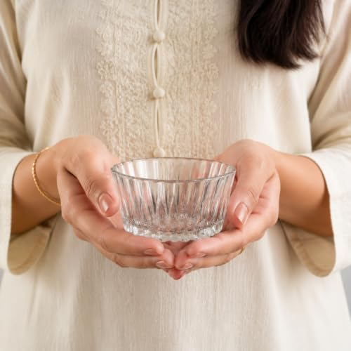 Image of Glassbunny 160ml Crystal Clear Glass Dessert Bowl | Elegant Ribbed Glass Serving Bowl for Ice Cream, Pudding, Custard, Fruits, Snacks & Dry Fruits Thick Durable Pack of 6