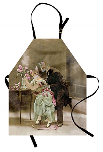 Lunarable Cat Apron, Vintage Painting Of 2 Kittens Dating Victorian Couple Romance Love Theme, Unisex Kitchen Bib Apron With Adjustable Neck For Cooking Baking Gardening, Brown Pale Green Pink #TOP17
