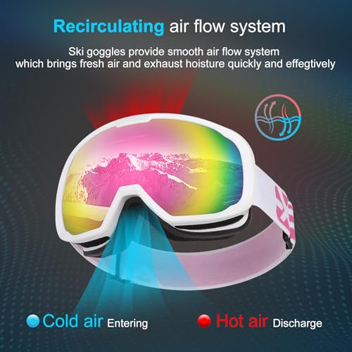 EXP VISION Ski Goggles for Men Women, OTG Snowboard Goggles with 100% UV Protection Anti Fog Lens Snow Goggles (Pink)