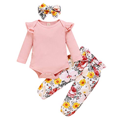 New Born Romper Girls Pink Rib Cotton Outfit Soft Comfortable Floral Pant Sets 3pcs 0-6 Months
