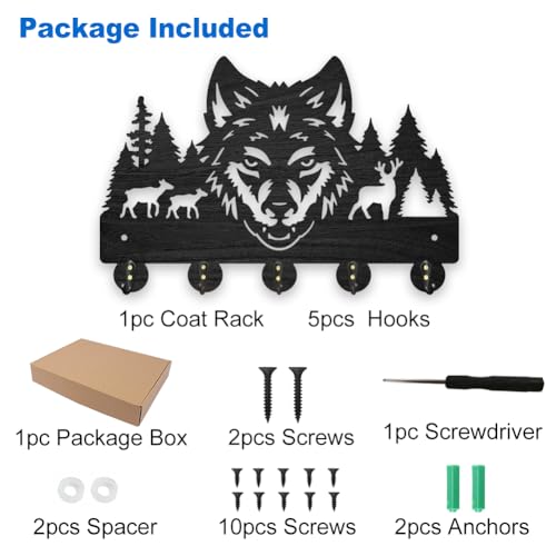 MAYJOYDIY Wolf Deer Forest Wooden Coat Hooks Wall Mount Forest Animal Tree Key Holder 5 Alloy Hooks for Entryway Kitchen Office Gift - Image 3