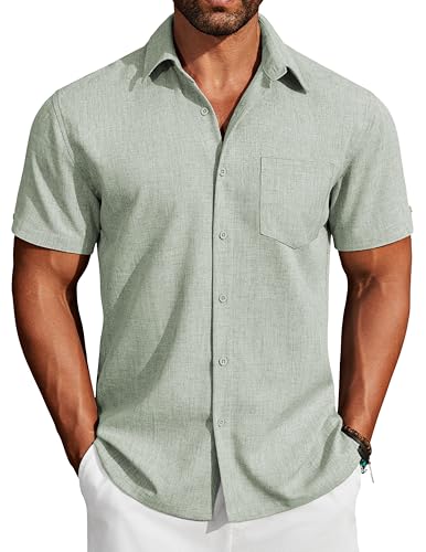 COOFANDY Chemise Homme Manches Courtes Été Décontractée Plage sans Repassage Extensible Légère Boutonnée avec Poche Vert XXL