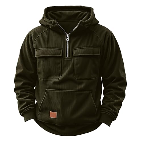 Boys Half Zip Fleece Hooded Sweatshirts Long Sleeve Solid Sport Pullovers Teen Fall Winter =Tops with Multi Pockets