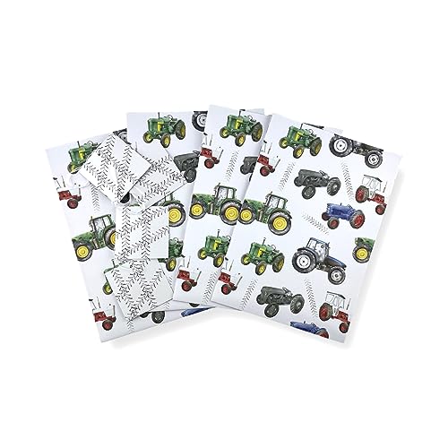 Tractor Recycled and Recyclable Gift Wrapping Paper - Vintage and Modern Tractors - 4 Sheets and 4 Tyre Track Strung Gift Tags - Birthday - Father's Day - Farm - Christmas