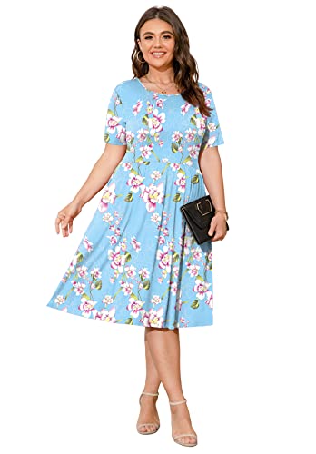 Image of POSESHE Womens Plus Size Summer Dress 2026 Casual Short Sleeve Empire Waist Loose Fit Swing T-Shirt Dress with Pockets
