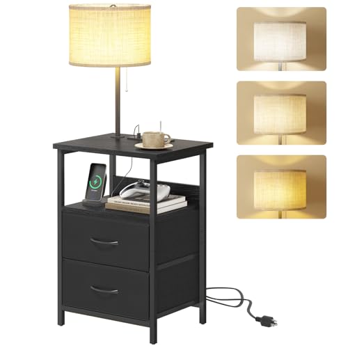Fixwal Bedside Table with 3 Color Temperature Reading Light, Nightstand with LED Light & Charging Station End Table with Adjustable Fabric Drawer for Bedroom, Dorm, Black