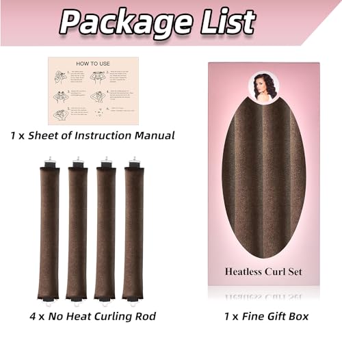 4pcs Heatless Blowout Hair Curlers for Long Hair,Jumbo Flexi Rods Soft Overnight Hair Rollers (Brown, Large)
