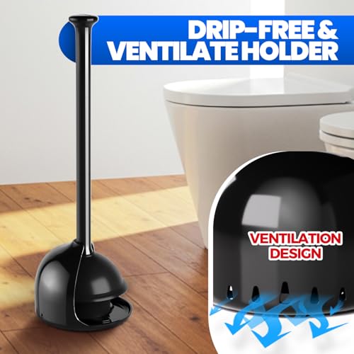 Denvlex Toilet Plunger with Holder, Heavy Duty Plunger and Holder Combo for Bathroom Cleaning, Bathroom Decor, Bathroom Accessories, Toilet Bowl Cleaners, Black, 18.8inch