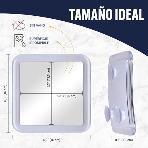 Miniatura 7 de Mirrorvana Espejo De Ducha Pequeño Sin Vaho Para Viajes - Diseño Cuadrado Con Tres Ventosas, Espejo De Afeitar Inastillable Para Baño Y Viaje - 13,5 Cm X 13,5 Cm Transparente