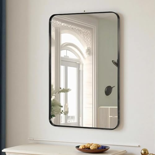 Clevich Espejo de pared con marco profundo de aluminio, 90 x 60 cm, espejo de maquillaje con cristal HD, moderno espejo decorativo para colgar, para baño, salón, dormitorio, pasillo, decoración de