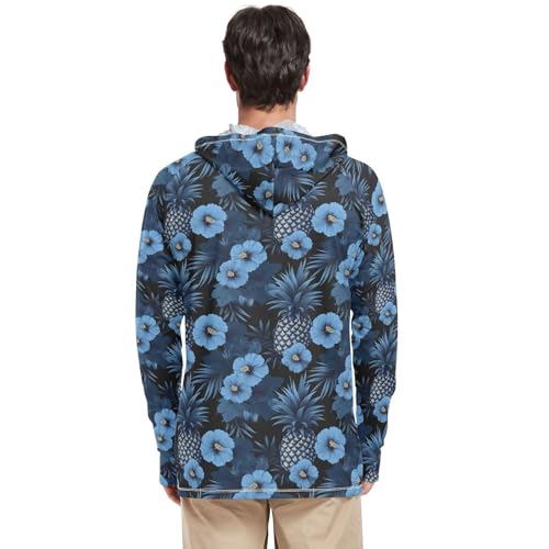 Teal Hibiscus Pineapples Men's Sun Protection Hoodie Long Sleeve UPF 50 + Mens Sun Shirts Adult Rash Guards Mens Rash Guard3