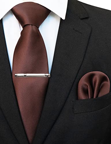 JEMYGINS Set Cravate Homme avec Pochette et Pince a Cravate Unie pour Mariage Business et Ceremonie Marron Fonce