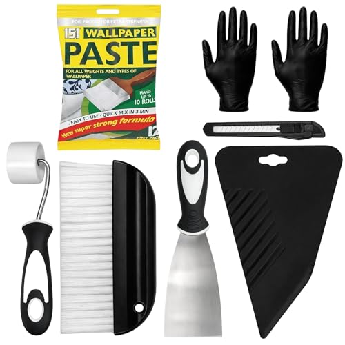 Wallpaper Paste Kit - Includes 10 Roll Adhesive Paste and Wallpaper Kit Containing Smoother Roller Hanging Brush Scraper Trimmer and Gloves