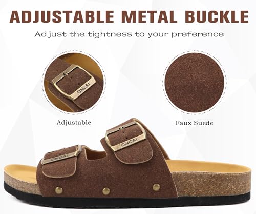 Image of ONCAI Womens Flat Slide Sandals with Arch Support 2 Strap Adjustable Buckle Slip on Slides Shoes Non Slip Rubber Sole